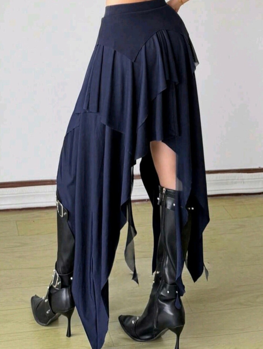 Asymmetric Navy Blue Handkerchief Hem Skirt
